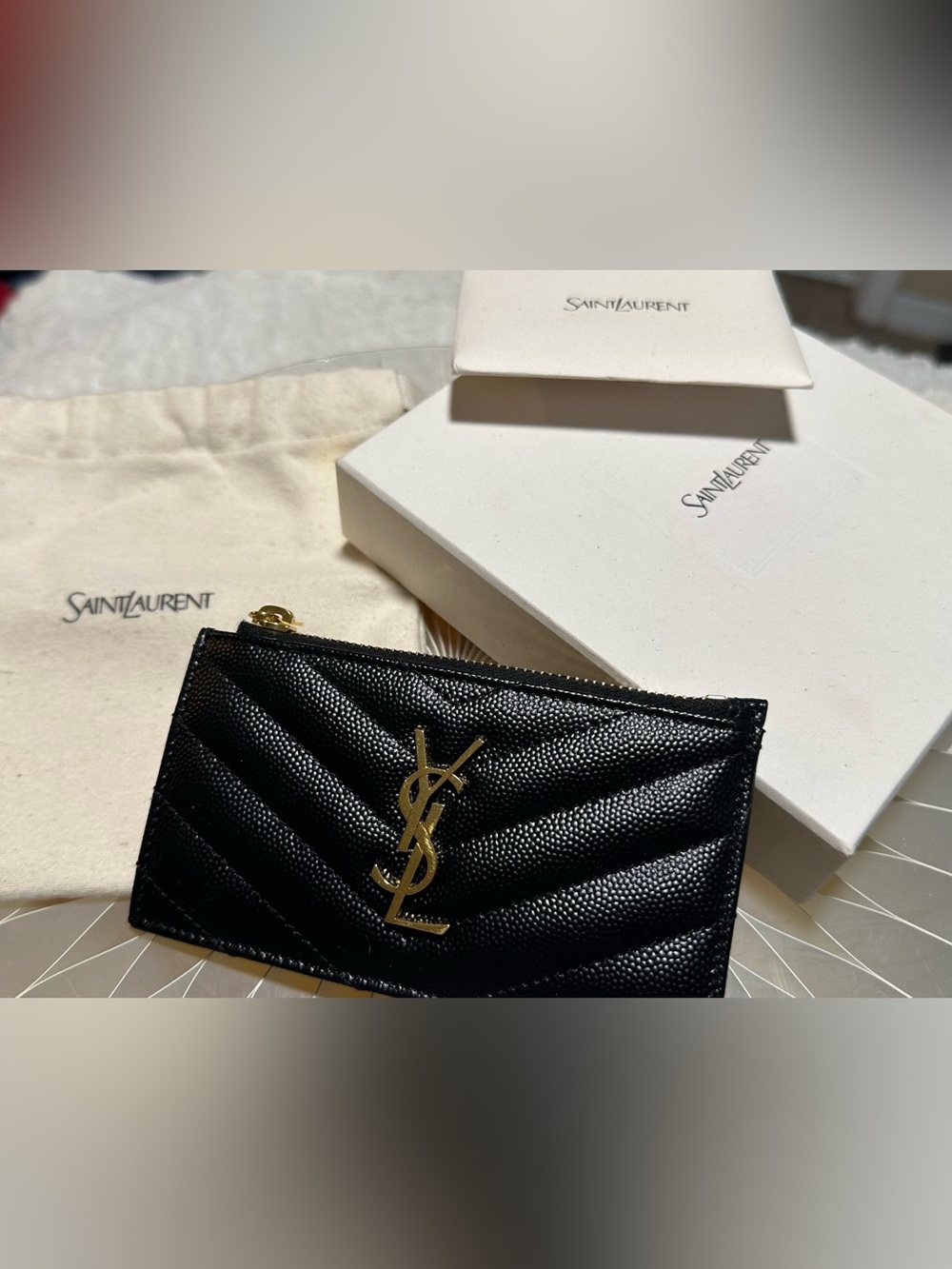 Saint Laurent Black Quilted Leather Wristlet with Gold YSL Emblem